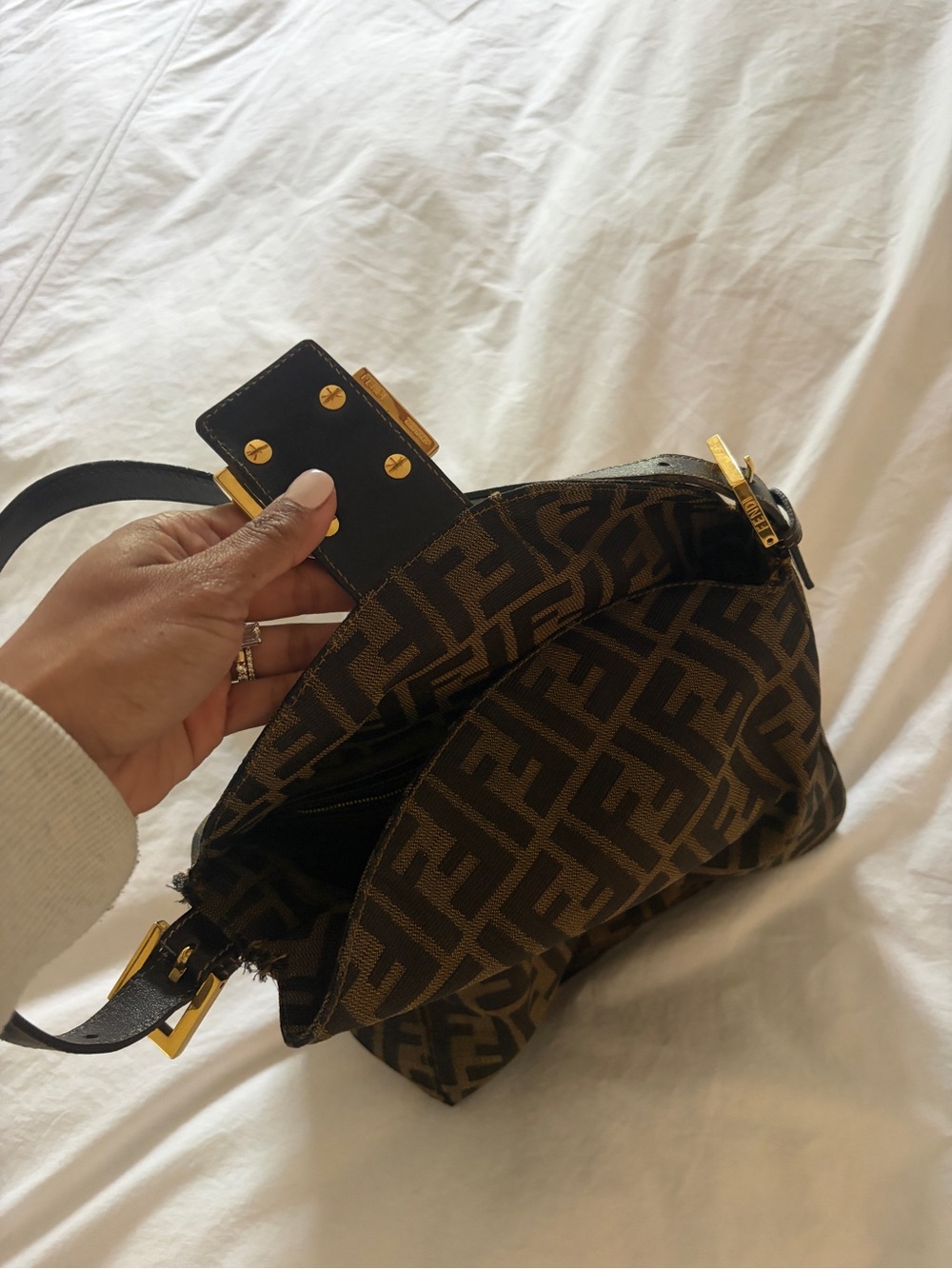 Fendi Brown & Black Zucca Shoulder Bag with Gold Buckle - Picture 3 of 4